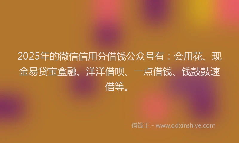 2025年的微信信用分借钱公众号有：会用花、现金易贷宝盒融、洋洋借呗、一点借钱、钱鼓鼓速借等。