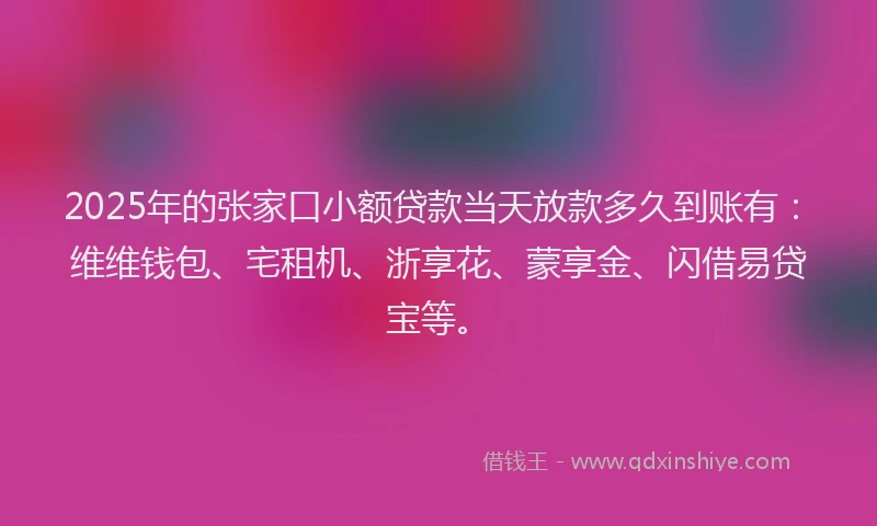 2025年的张家口小额贷款当天放款多久到账有：维维钱包、宅租机、浙享花、蒙享金、闪借易贷宝等。