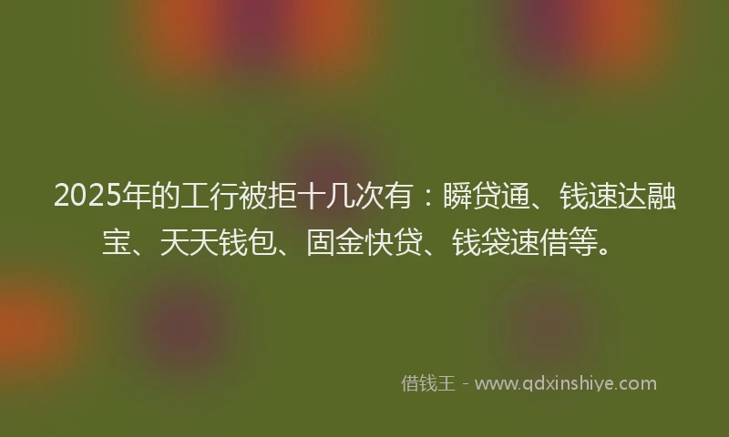 2025年的工行被拒十几次有：瞬贷通、钱速达融宝、天天钱包、固金快贷、钱袋速借等。