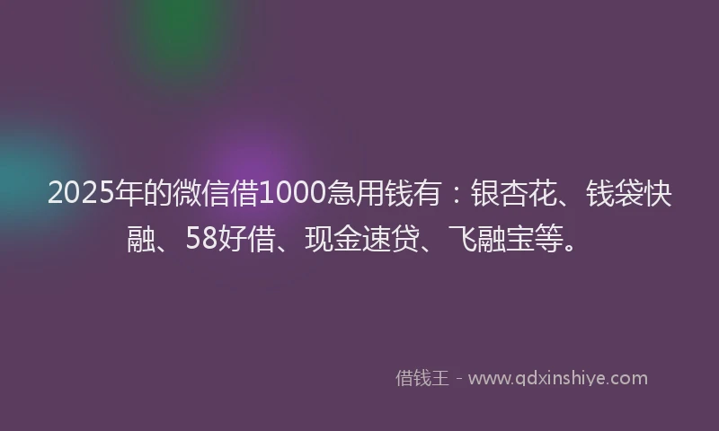 2025年的微信借1000急用钱有：银杏花、钱袋快融、58好借、现金速贷、飞融宝等。