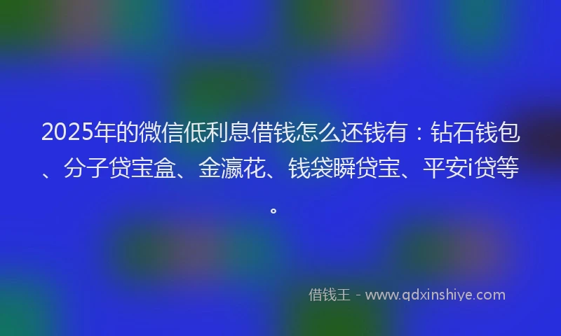 2025年的微信低利息借钱怎么还钱有：钻石钱包、分子贷宝盒、金瀛花、钱袋瞬贷宝、平安i贷等。