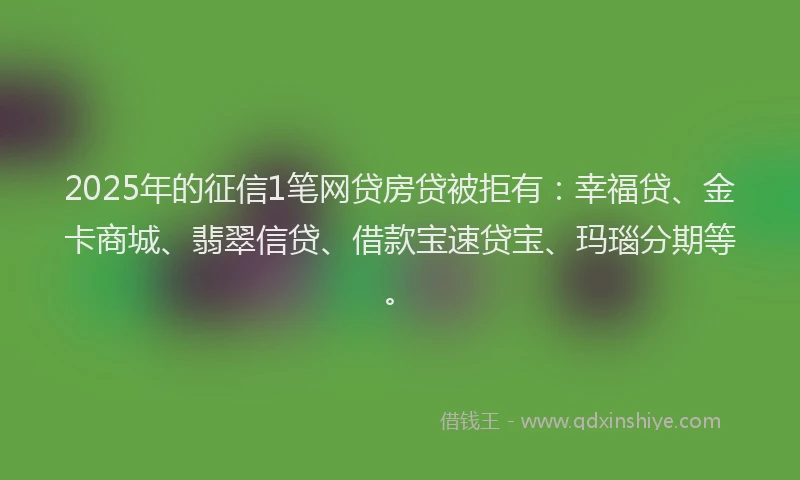 2025年的征信1笔网贷房贷被拒有：幸福贷、金卡商城、翡翠信贷、借款宝速贷宝、玛瑙分期等。