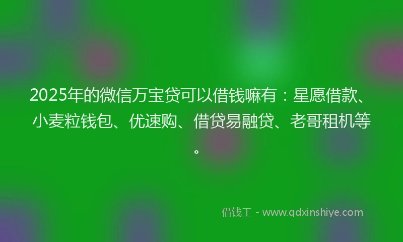 2025年的微信万宝贷可以借钱嘛有：星愿借款、小麦粒钱包、优速购、借贷易融贷、老哥租机等。