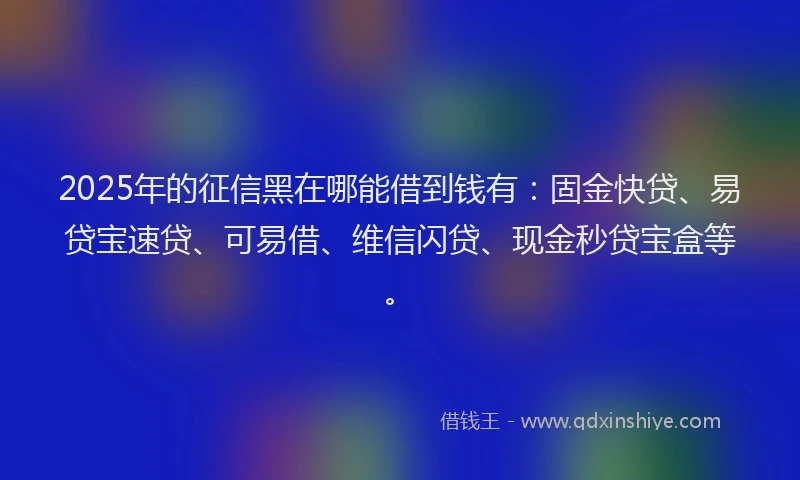 2025年的征信黑在哪能借到钱有：固金快贷、易贷宝速贷、可易借、维信闪贷、现金秒贷宝盒等。