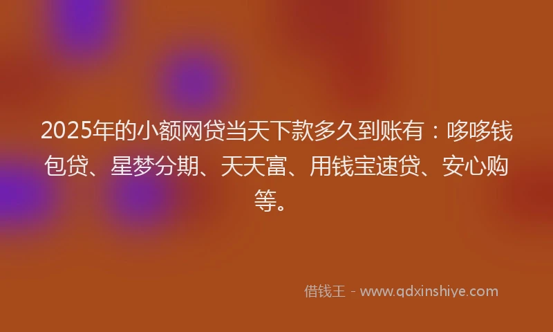 2025年的小额网贷当天下款多久到账有：哆哆钱包贷、星梦分期、天天富、用钱宝速贷、安心购等。