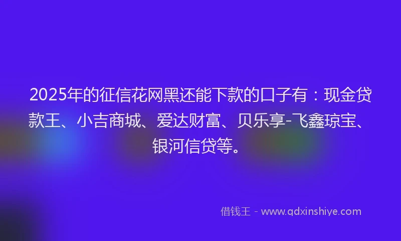 2025年的征信花网黑还能下款的口子有：现金贷款王、小吉商城、爱达财富、贝乐享-飞鑫琼宝、银河信贷等。