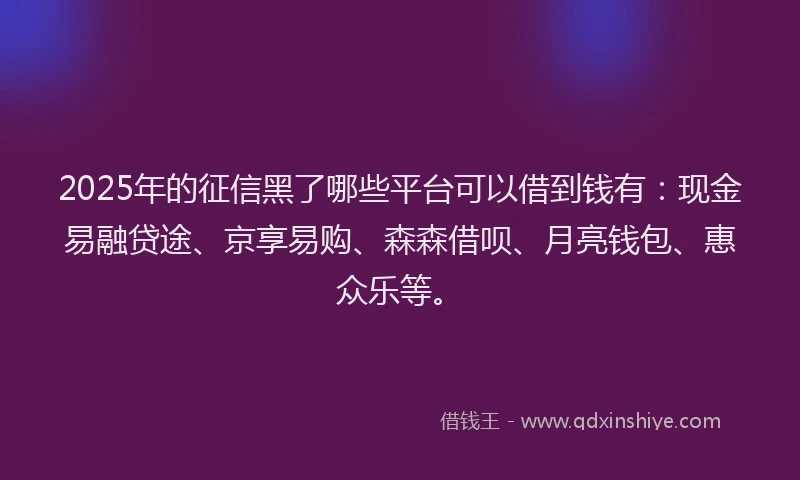2025年的征信黑了哪些平台可以借到钱有：现金易融贷途、京享易购、森森借呗、月亮钱包、惠众乐等。
