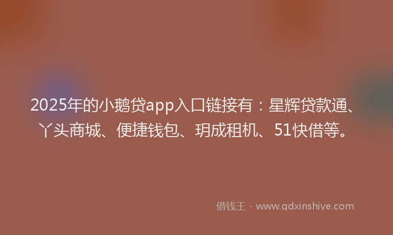 2025年的小鹅贷app入口链接有：星辉贷款通、丫头商城、便捷钱包、玥成租机、51快借等。