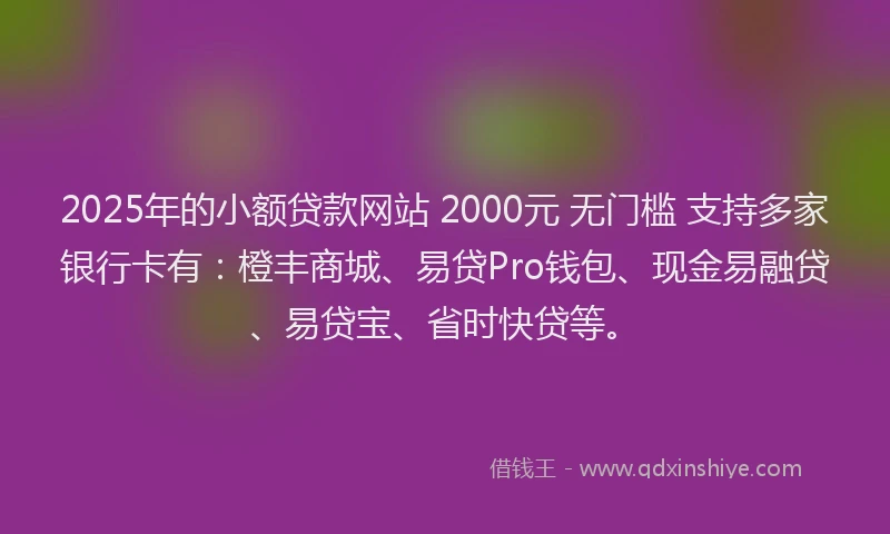 2025年的小额贷款网站 2000元 无门槛 支持多家银行卡有：橙丰商城、易贷Pro钱包、现金易融贷、易贷宝、省时快贷等。
