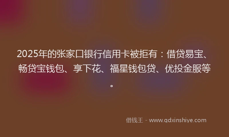 2025年的张家口银行信用卡被拒有：借贷易宝、畅贷宝钱包、享下花、福星钱包贷、优投金服等。