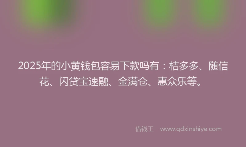 2025年的小黄钱包容易下款吗有：桔多多、随信花、闪贷宝速融、金满仓、惠众乐等。