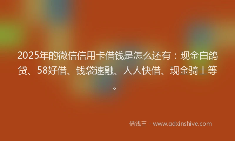 2025年的微信信用卡借钱是怎么还有：现金白鸽贷、58好借、钱袋速融、人人快借、现金骑士等。