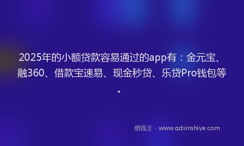 2025年的小额贷款容易通过的app有：金元宝、融360、借款宝速易、现金秒贷、乐贷Pro钱包等。