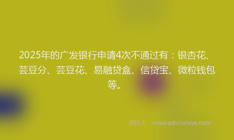 2025年的广发银行申请4次不通过有：银杏花、芸豆分、芸豆花、易融贷盒、信贷宝、微粒钱包等。