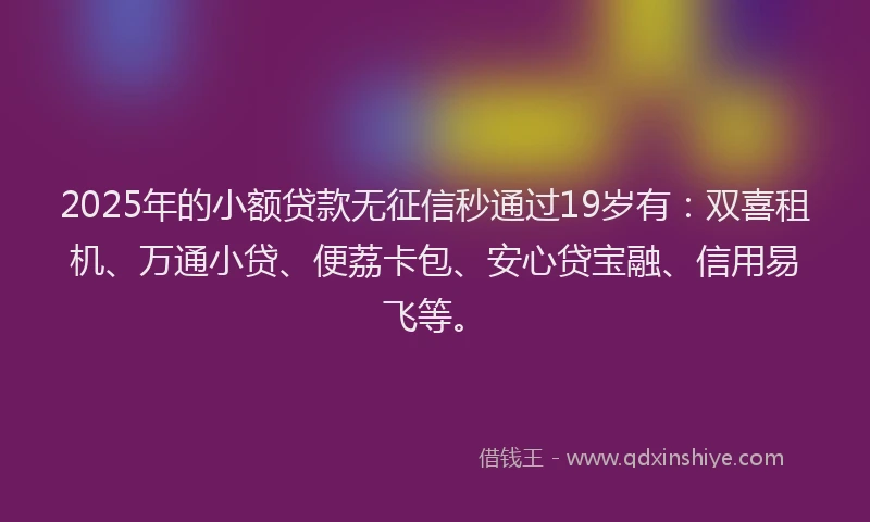 2025年的小额贷款无征信秒通过19岁有：双喜租机、万通小贷、便荔卡包、安心贷宝融、信用易飞等。