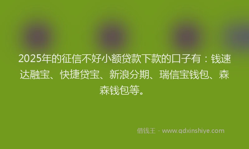2025年的征信不好小额贷款下款的口子有：钱速达融宝、快捷贷宝、新浪分期、瑞信宝钱包、森森钱包等。