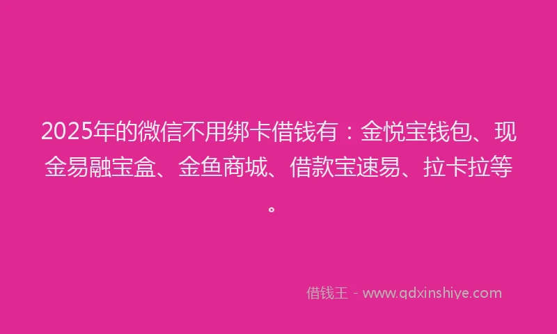 2025年的微信不用绑卡借钱有：金悦宝钱包、现金易融宝盒、金鱼商城、借款宝速易、拉卡拉等。