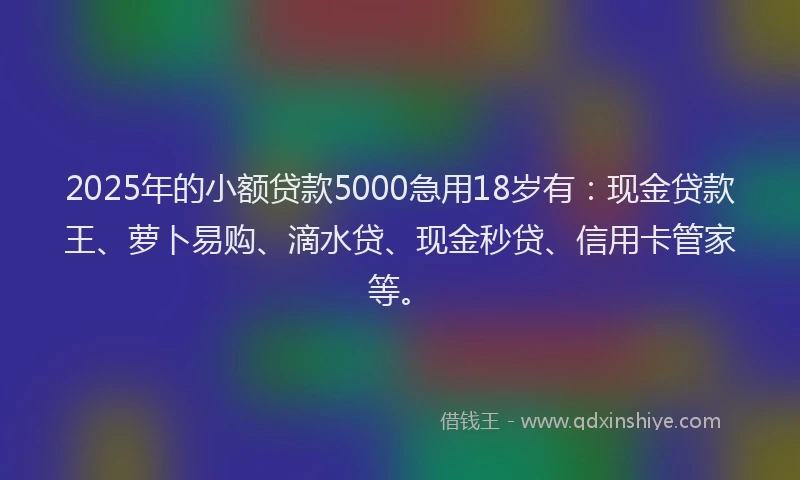 2025年的小额贷款5000急用18岁有：现金贷款王、萝卜易购、滴水贷、现金秒贷、信用卡管家等。