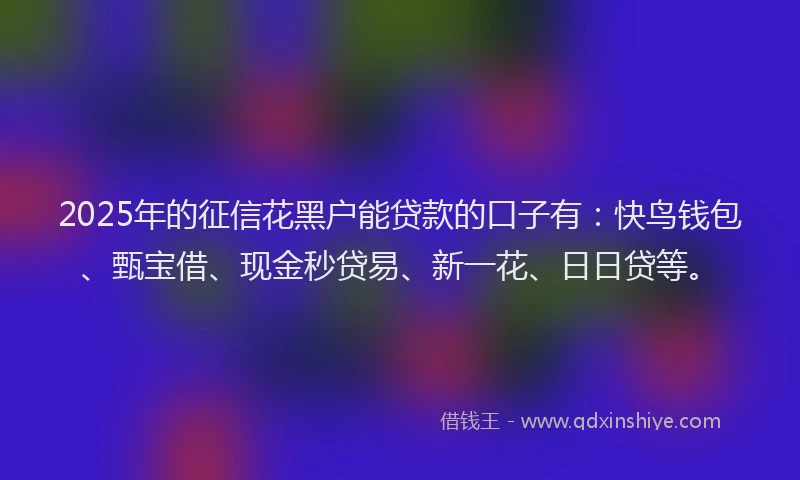 2025年的征信花黑户能贷款的口子有：快鸟钱包、甄宝借、现金秒贷易、新一花、日日贷等。