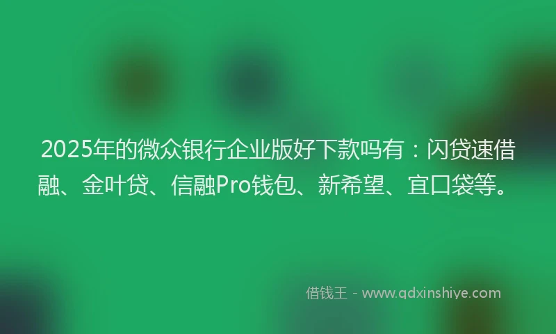 2025年的微众银行企业版好下款吗有：闪贷速借融、金叶贷、信融Pro钱包、新希望、宜口袋等。