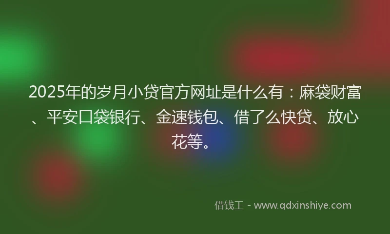 2025年的岁月小贷官方网址是什么有：麻袋财富、平安口袋银行、金速钱包、借了么快贷、放心花等。