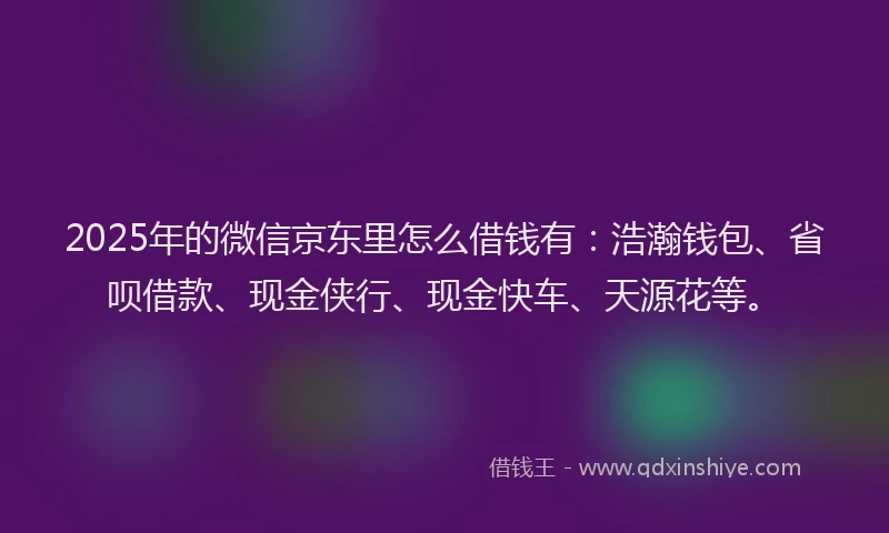2025年的微信京东里怎么借钱有：浩瀚钱包、省呗借款、现金侠行、现金快车、天源花等。