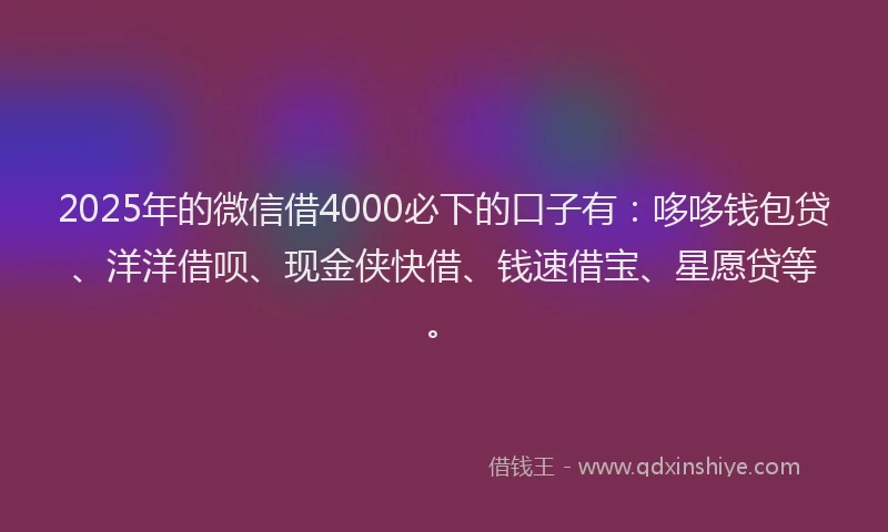 2025年的微信借4000必下的口子有：哆哆钱包贷、洋洋借呗、现金侠快借、钱速借宝、星愿贷等。