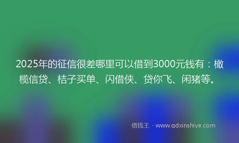 2025年的征信很差哪里可以借到3000元钱有：橄榄信贷、桔子买单、闪借侠、贷你飞、闲猪等。