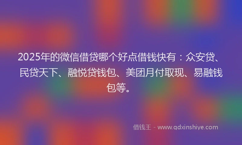 2025年的微信借贷哪个好点借钱快有：众安贷、民贷天下、融悦贷钱包、美团月付取现、易融钱包等。