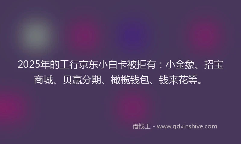2025年的工行京东小白卡被拒有：小金象、招宝商城、贝赢分期、橄榄钱包、钱来花等。