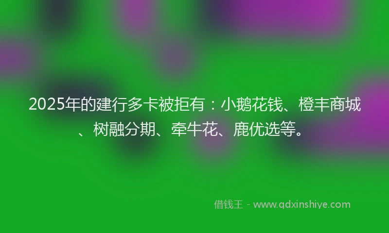 2025年的建行多卡被拒有：小鹅花钱、橙丰商城、树融分期、牵牛花、鹿优选等。