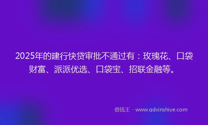 2025年的建行快贷审批不通过有：玫瑰花、口袋财富、派派优选、口袋宝、招联金融等。