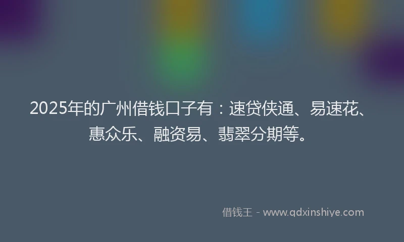 2025年的广州借钱口子有：速贷侠通、易速花、惠众乐、融资易、翡翠分期等。