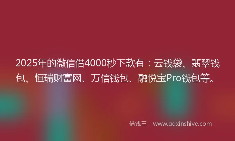 2025年的微信借4000秒下款有：云钱袋、翡翠钱包、恒瑞财富网、万信钱包、融悦宝Pro钱包等。