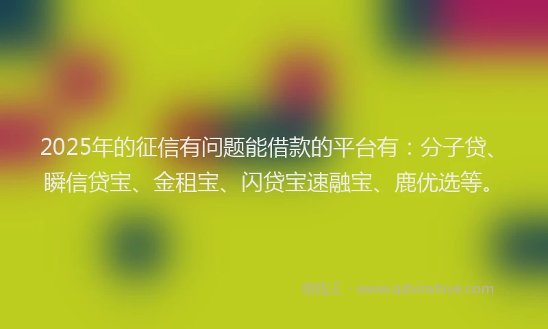 2025年的征信有问题能借款的平台有：分子贷、瞬信贷宝、金租宝、闪贷宝速融宝、鹿优选等。