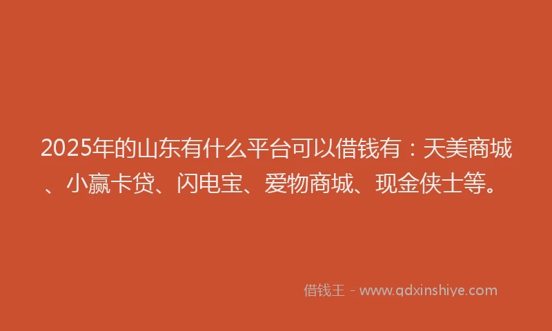 2025年的山东有什么平台可以借钱有：天美商城、小赢卡贷、闪电宝、爱物商城、现金侠士等。