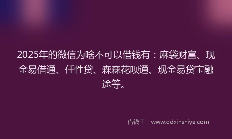 2025年的微信为啥不可以借钱有：麻袋财富、现金易借通、任性贷、森森花呗通、现金易贷宝融途等。