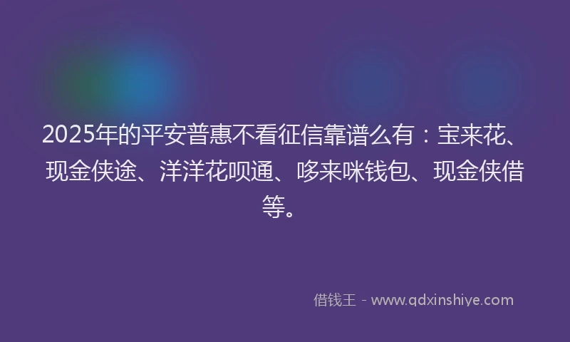 2025年的平安普惠不看征信靠谱么有：宝来花、现金侠途、洋洋花呗通、哆来咪钱包、现金侠借等。