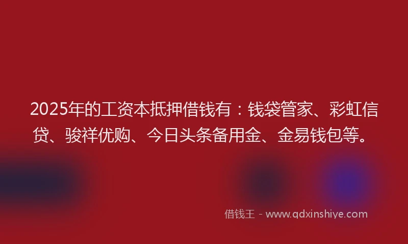2025年的工资本抵押借钱有：钱袋管家、彩虹信贷、骏祥优购、今日头条备用金、金易钱包等。