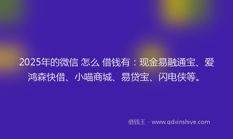 2025年的微信 怎么 借钱有：现金易融通宝、爱鸿森快借、小喵商城、易贷宝、闪电侠等。