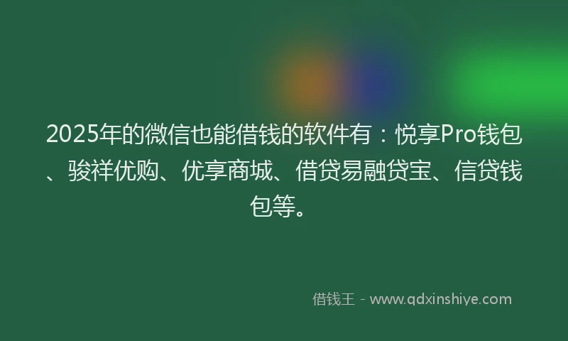 2025年的微信也能借钱的软件有：悦享Pro钱包、骏祥优购、优享商城、借贷易融贷宝、信贷钱包等。