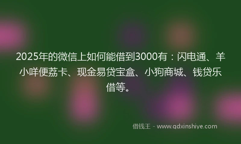 2025年的微信上如何能借到3000有：闪电通、羊小咩便荔卡、现金易贷宝盒、小狗商城、钱贷乐借等。