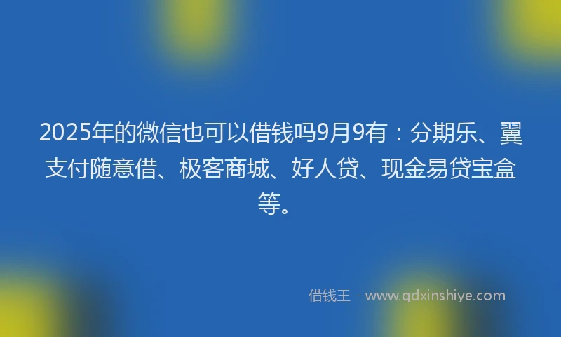 2025年的微信也可以借钱吗9月9有：分期乐、翼支付随意借、极客商城、好人贷、现金易贷宝盒等。