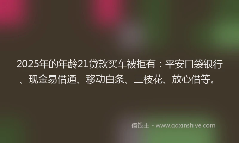 2025年的年龄21贷款买车被拒有：平安口袋银行、现金易借通、移动白条、三枝花、放心借等。