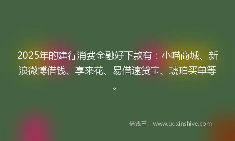 2025年的建行消费金融好下款有：小喵商城、新浪微博借钱、享来花、易借速贷宝、琥珀买单等。