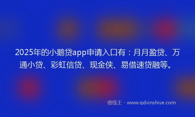 2025年的小鹅贷app申请入口有：月月盈贷、万通小贷、彩虹信贷、现金侠、易借速贷融等。