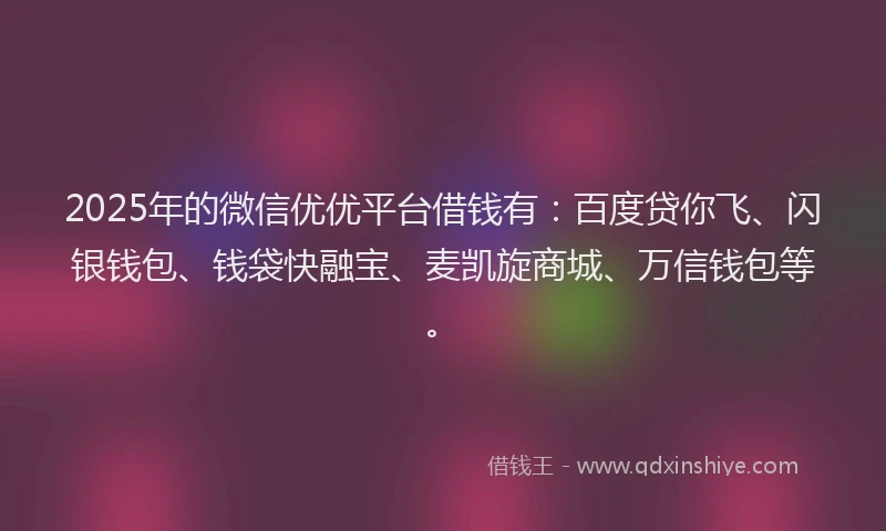 2025年的微信优优平台借钱有：百度贷你飞、闪银钱包、钱袋快融宝、麦凯旋商城、万信钱包等。