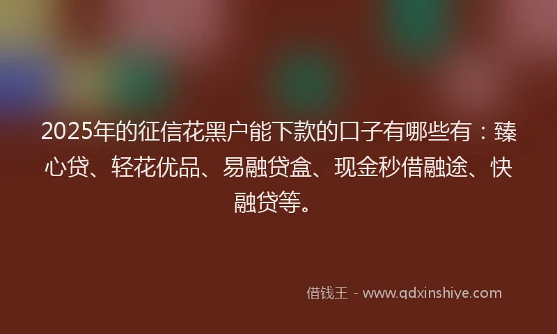 2025年的征信花黑户能下款的口子有哪些有：臻心贷、轻花优品、易融贷盒、现金秒借融途、快融贷等。