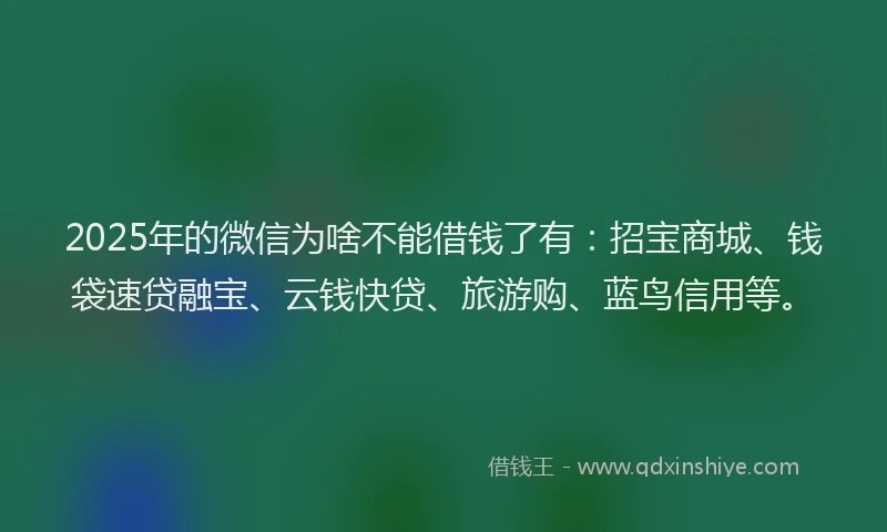 2025年的微信为啥不能借钱了有：招宝商城、钱袋速贷融宝、云钱快贷、旅游购、蓝鸟信用等。