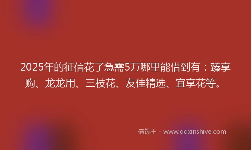 2025年的征信花了急需5万哪里能借到有：臻享购、龙龙用、三枝花、友佳精选、宜享花等。